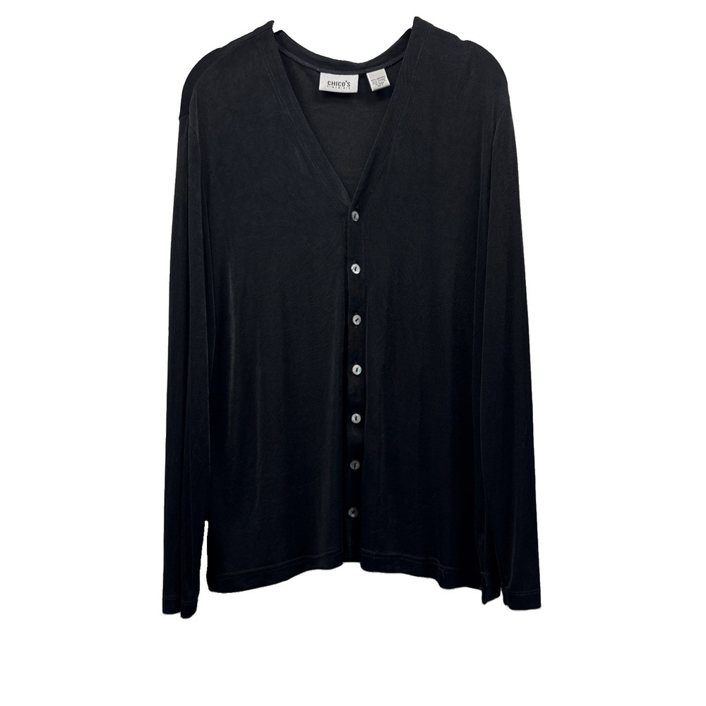 Chicos Travelers Women's Cardigan Size L Solid Black Gothic Long Sleeve Stretch